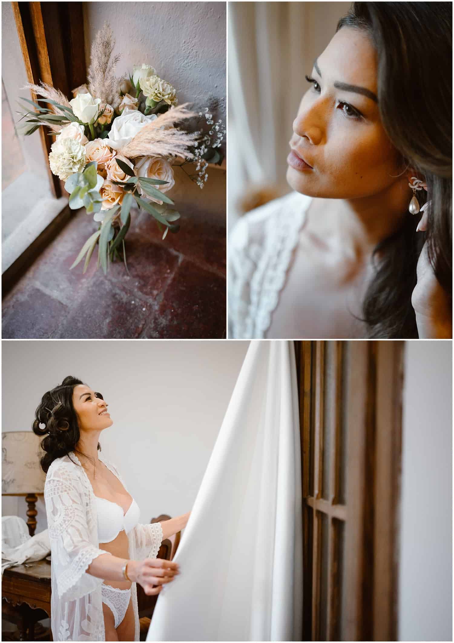 Bride getting ready in her room at Borgo Castelvecchi in Tuscany
