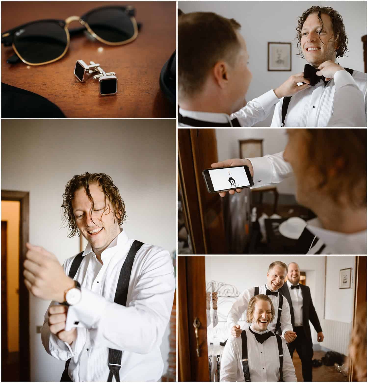 Groom having fun with his friends while he gets ready for his wedding in Tuscany