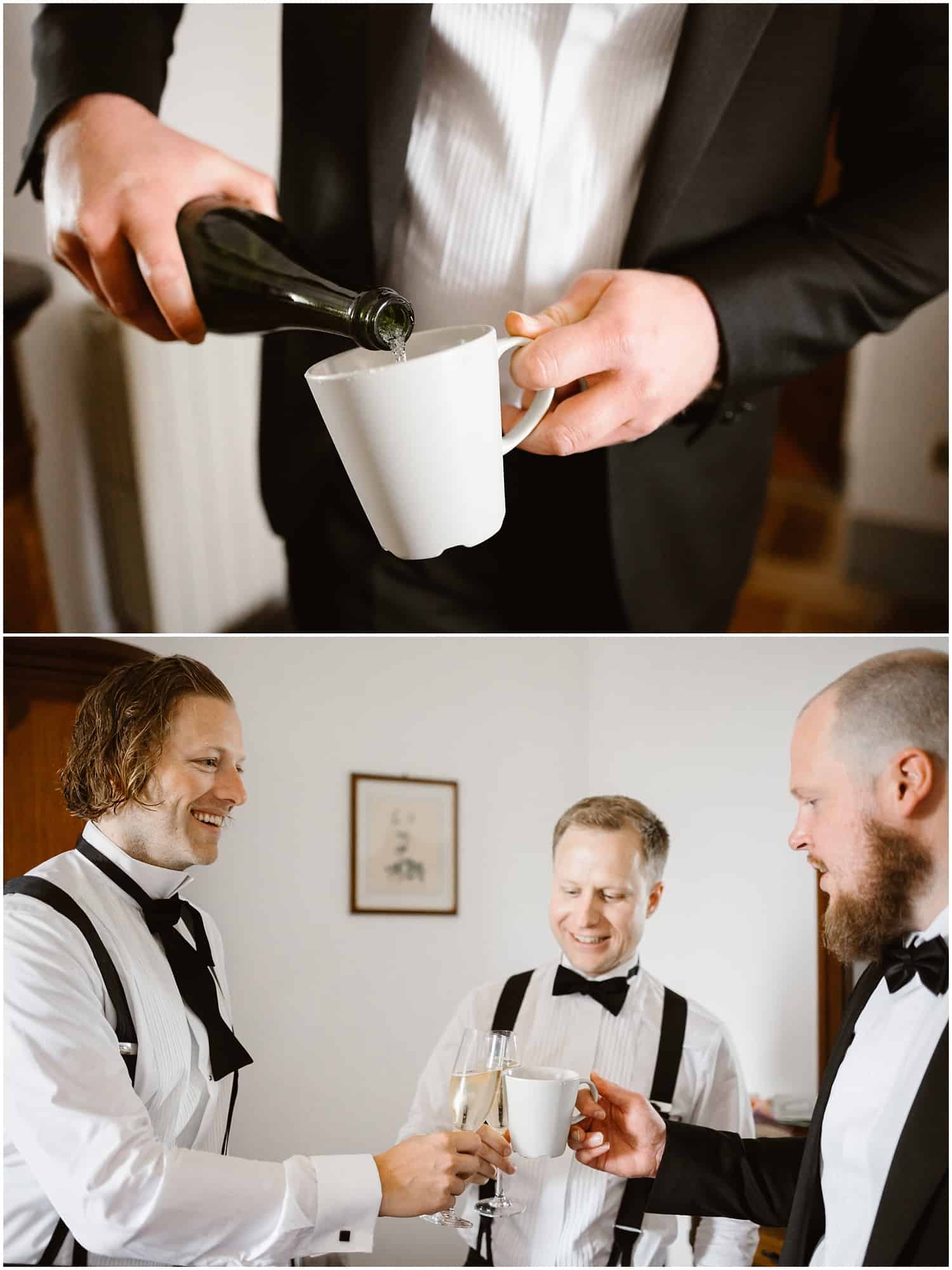 Groom toasting with his friends before his wedding in Italy