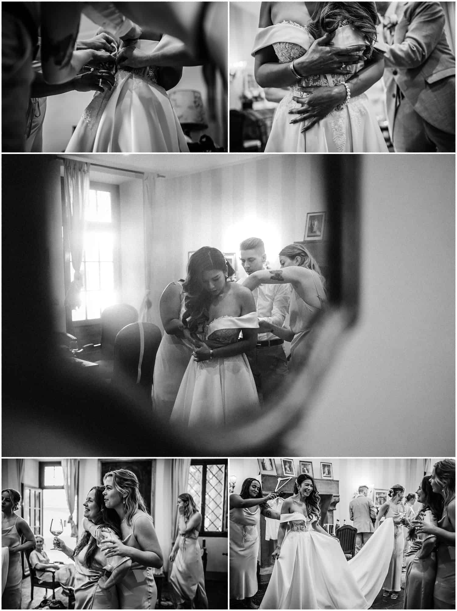 Bride getting dressed in her room at Borgo Castelvecchi in Tuscany, photos by Ludovica & Valerio, wedding photographers