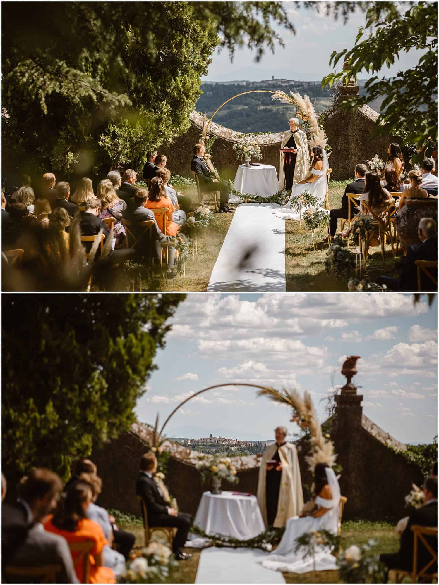 Destination wedding ceremony in Borgo Castelvecchi with a view on the Tuscany countryside