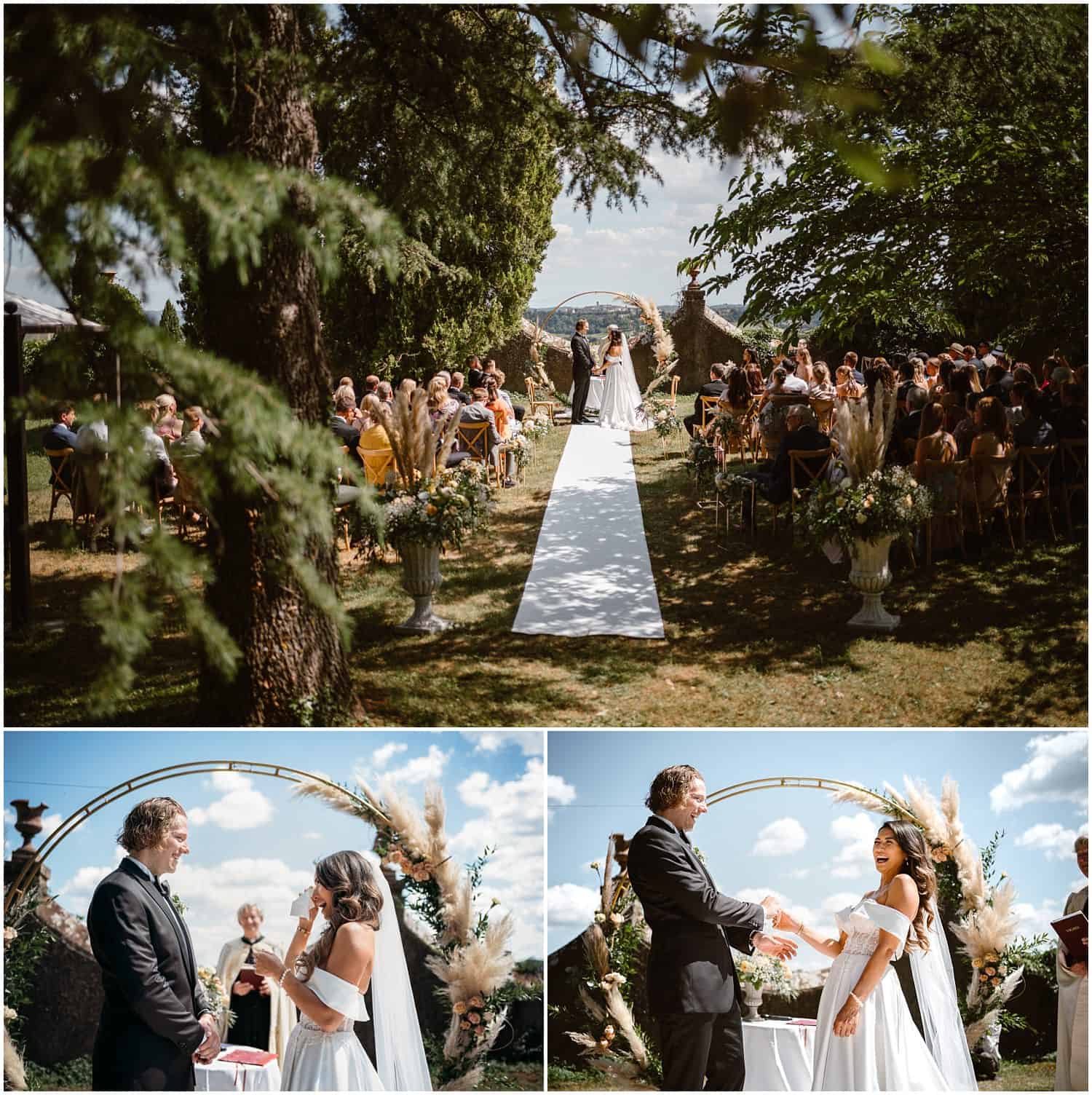 Bride and groom enjoying their wedding ceremony in Borgo Castelvecchi, Tuscany