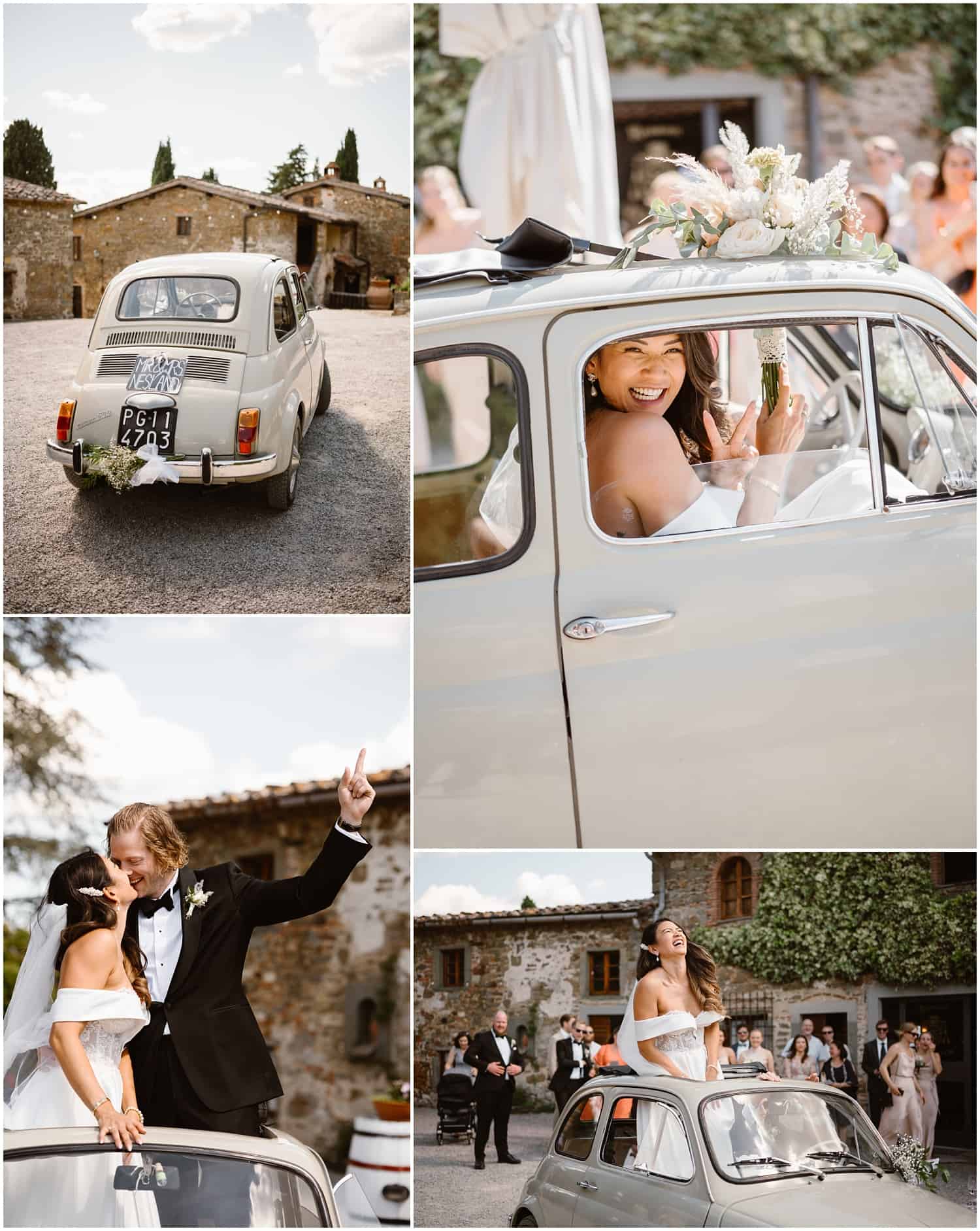 Bride and groom on their Fiat 500 at their destination wedding in Tuscany at Borgo Castelvecchi