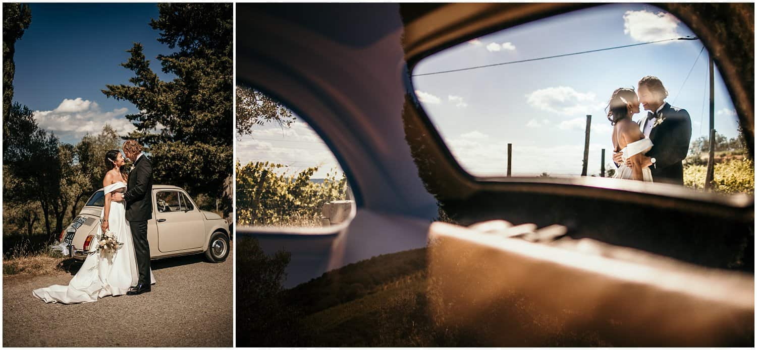 Destination wedding photo shoot with Fiat 500 in Chianti, photos by wedding photographers Ludovica & Valerio