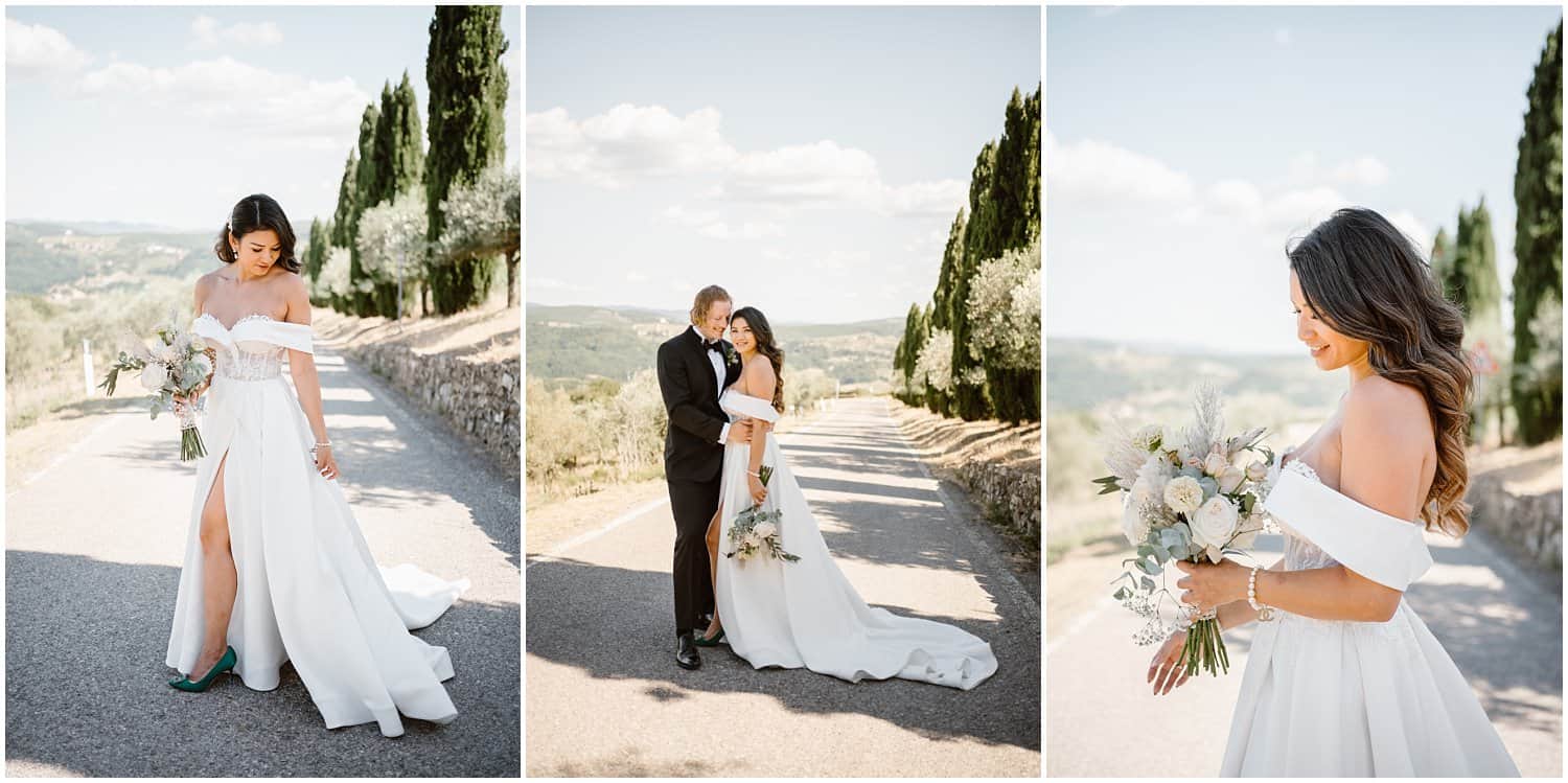 Bride in a beautiful bridal dress and groom in a black tuxedo at their wedding in Tuscany