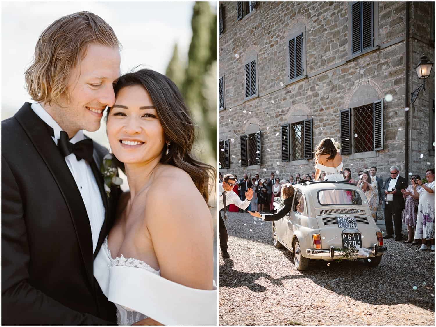 bride and groom riding a vintage fiat 500 at their wedding in Tuscany