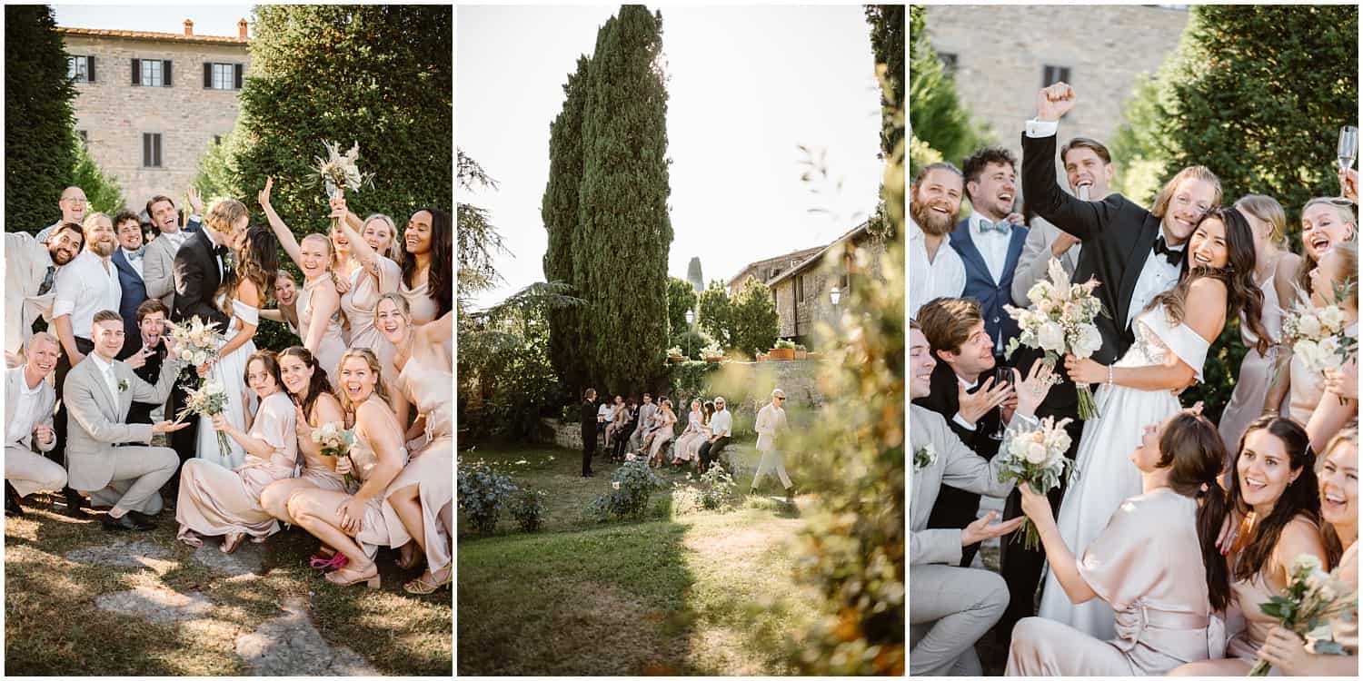 bride and groom with their firends at their destination wedding in Tuscany at Borgo Castelvecchi