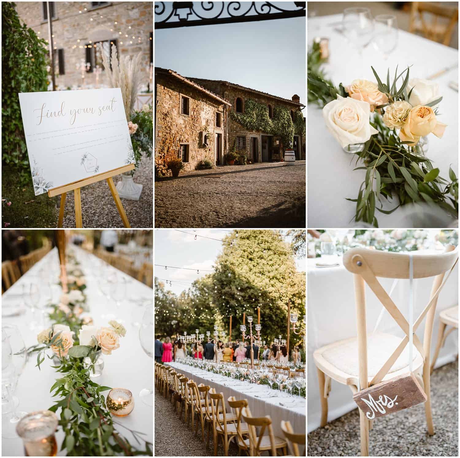 Wedding decor details at Borgo Castelvecchi in Tuscany, Chianti