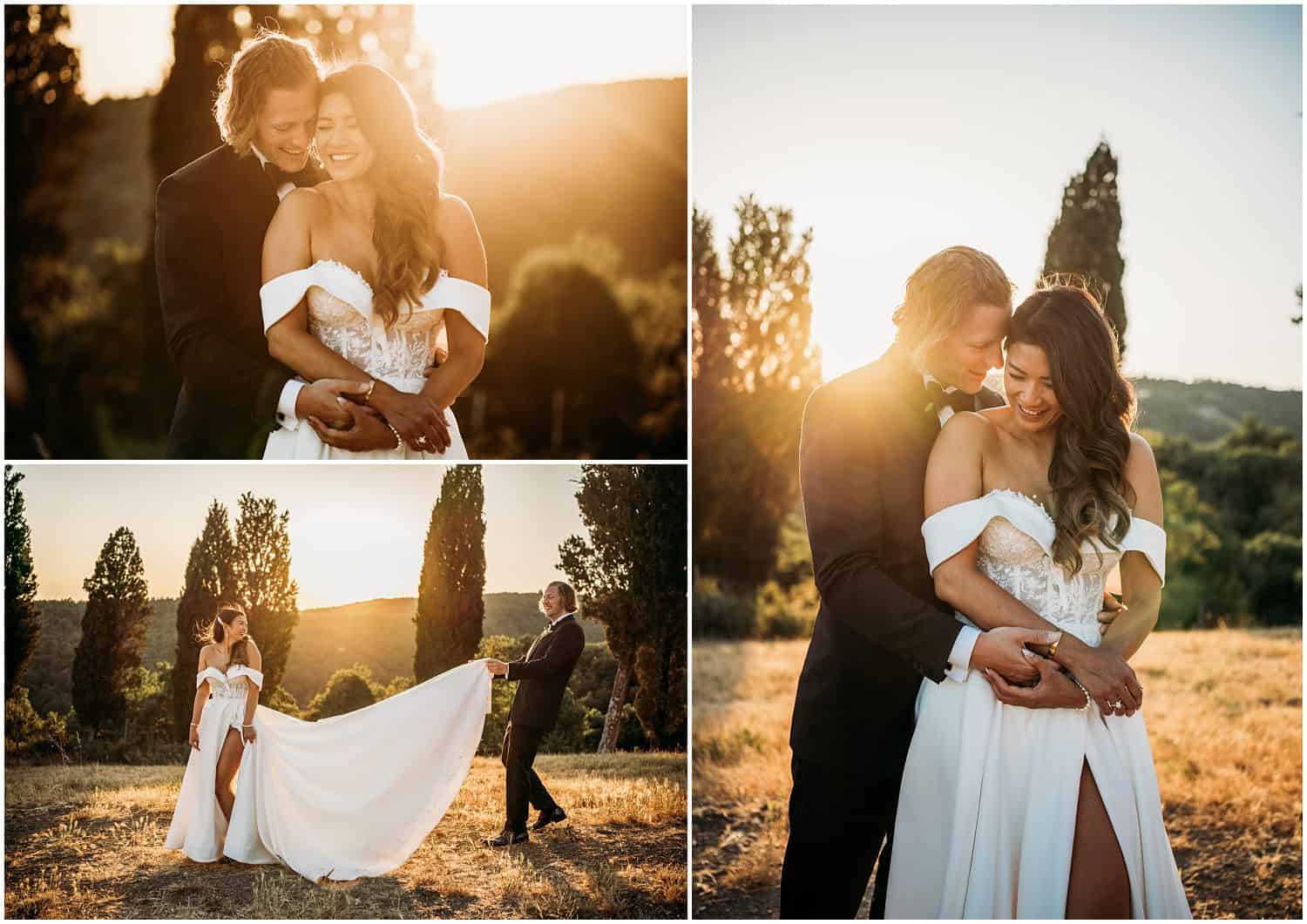 Destination wedding photo shoot at sunset in Borgo Castelvecchi, Chianti, Tuscany, images by Ludovica & Valerio, wedding photographers