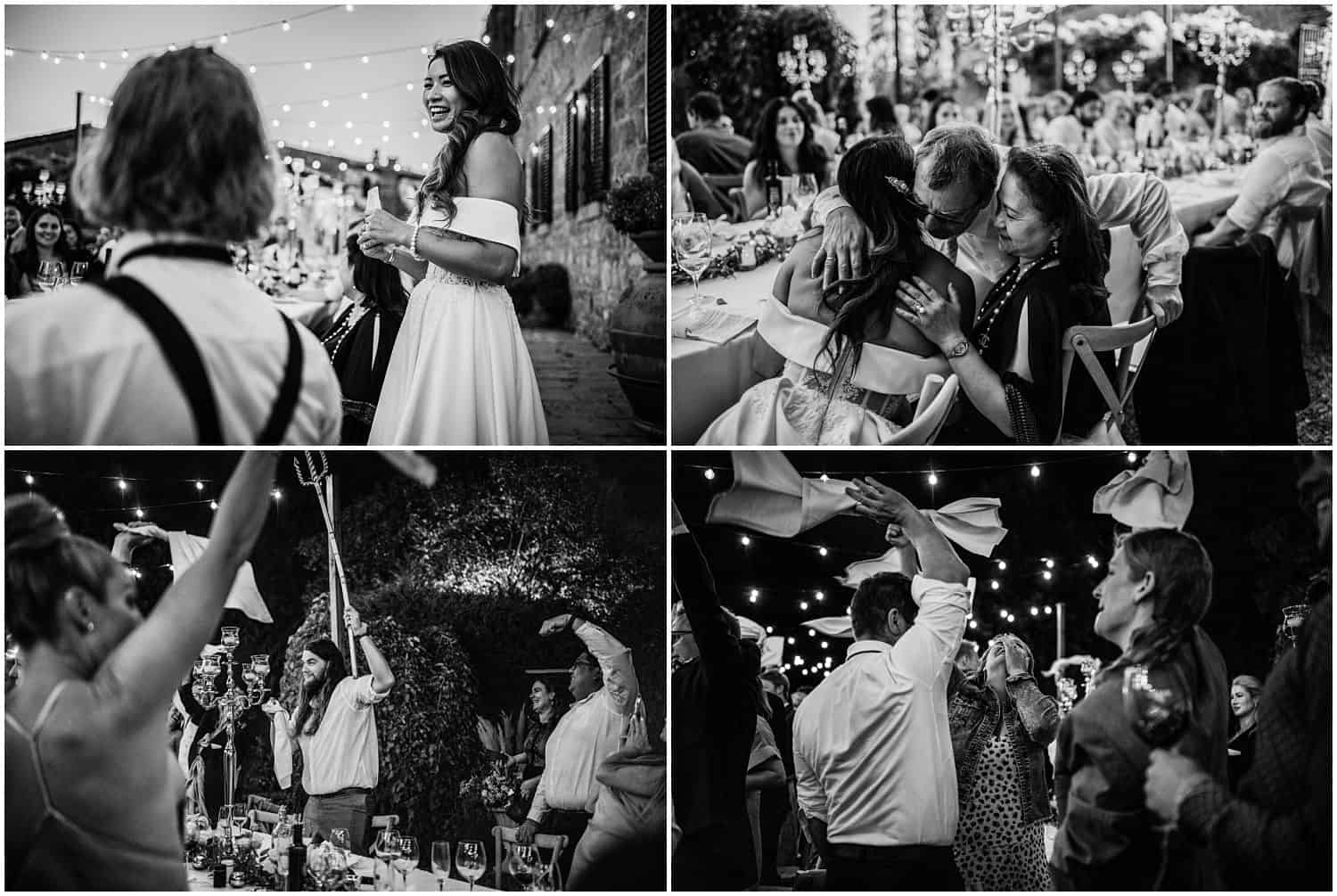 Wedding dinner and party at a destination wedding in Tuscany, photos by Ludovica & Valerio, wedding photographers