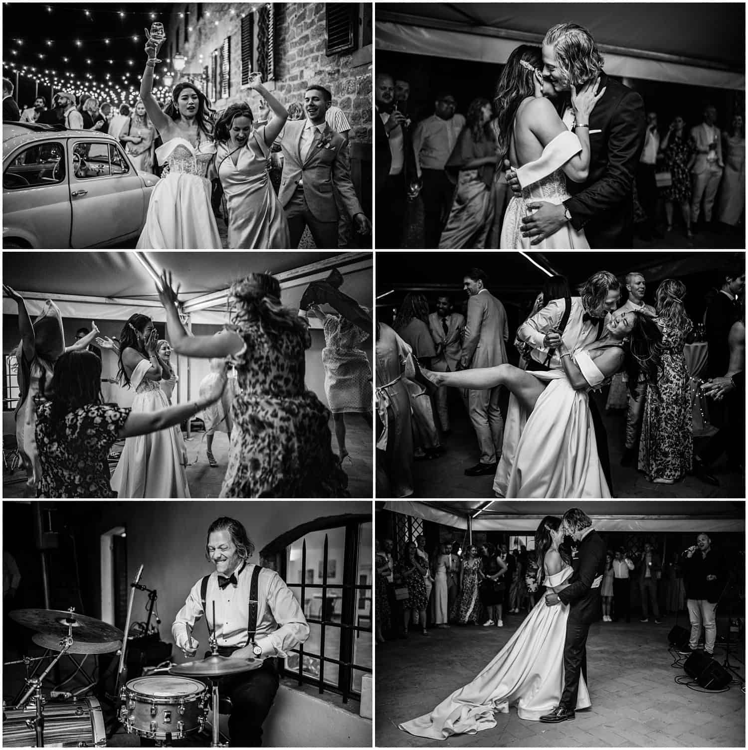 Pictures of a wedding party by night in a tuscany wedding in Italy.