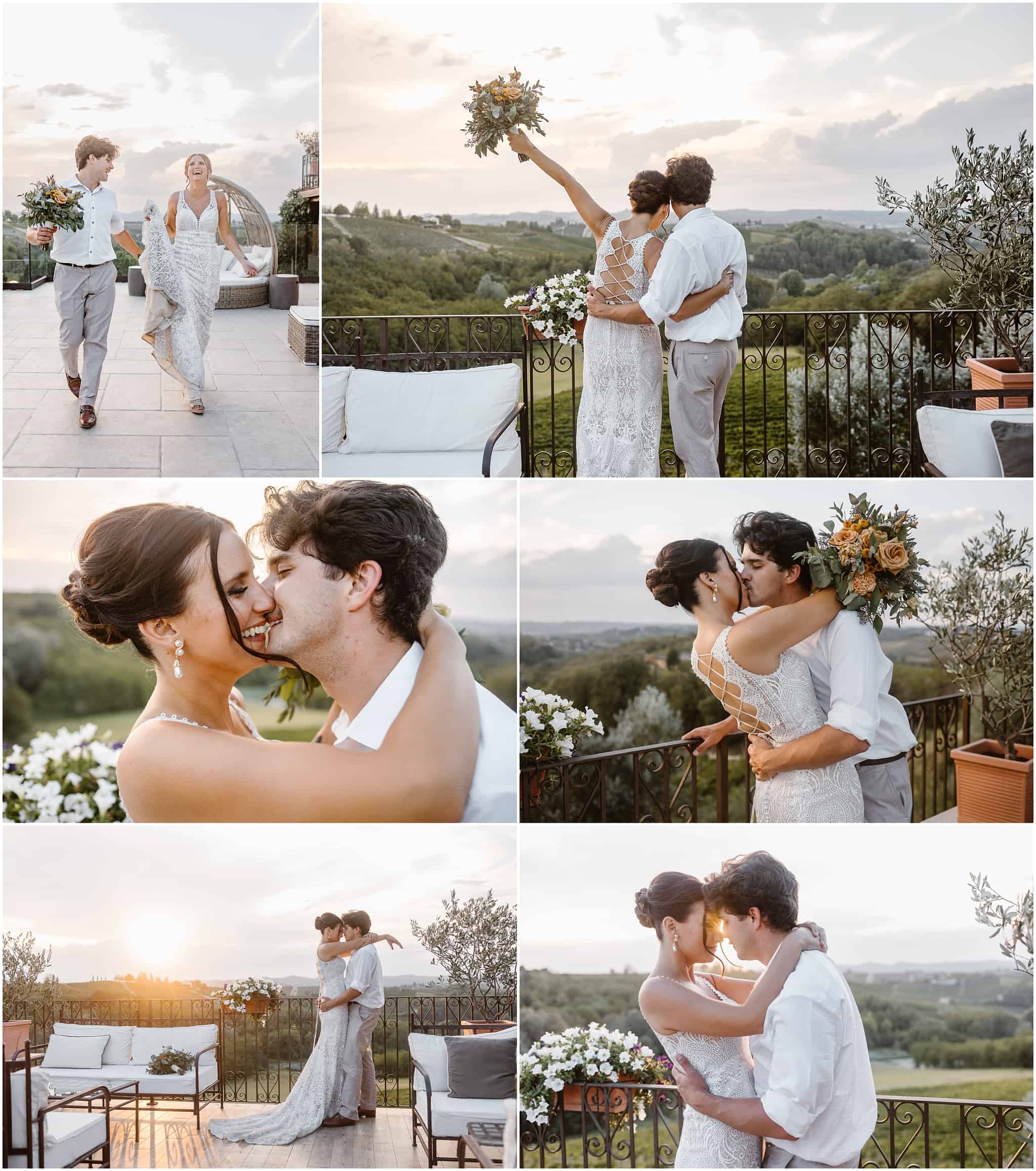 Romantic wedding photos during sunset of bride and groom in Italy.
