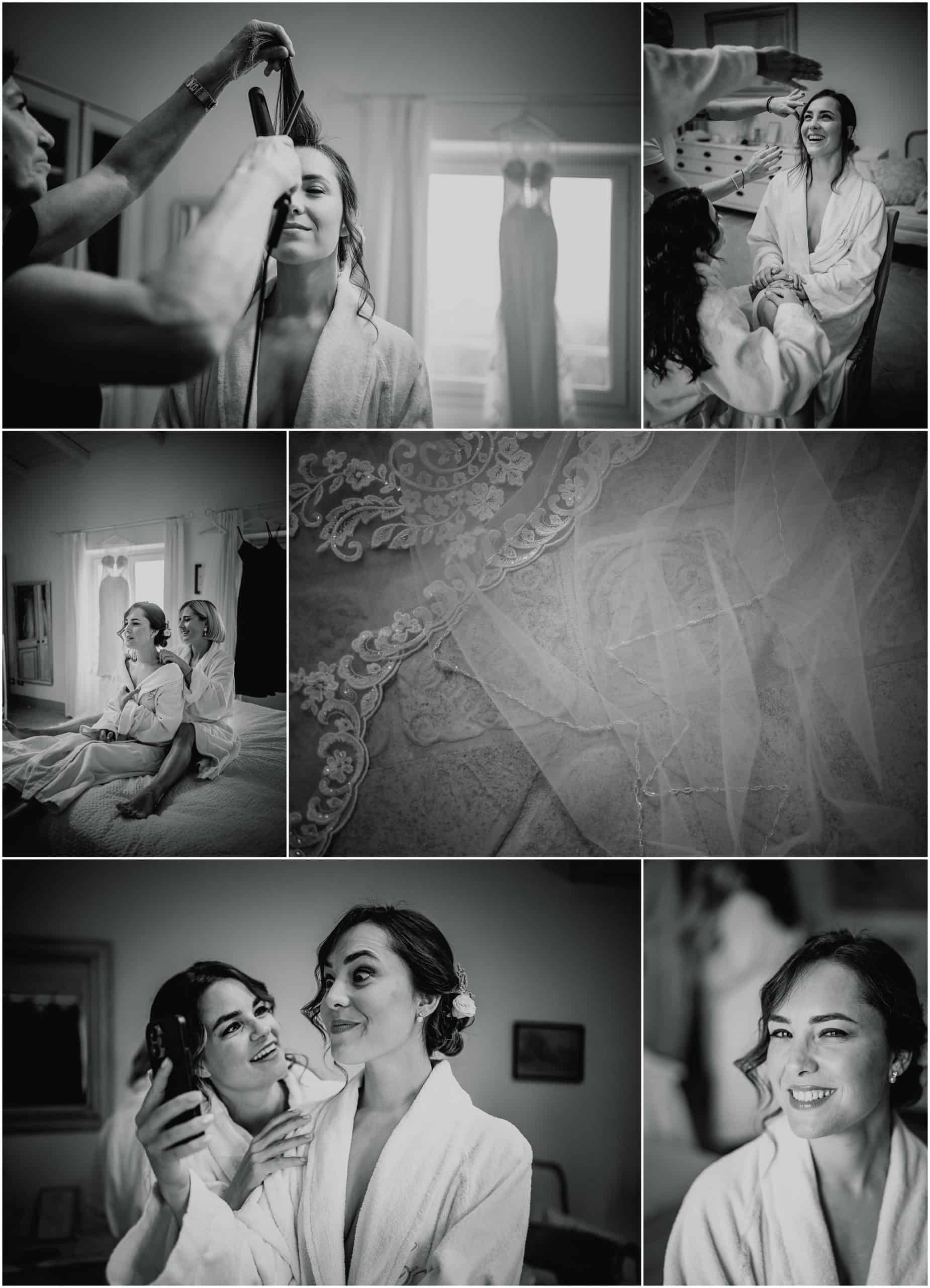 black and white reportage photos of bride getting ready with her bridesmaids on her wedding day in Langhe, Piedmont