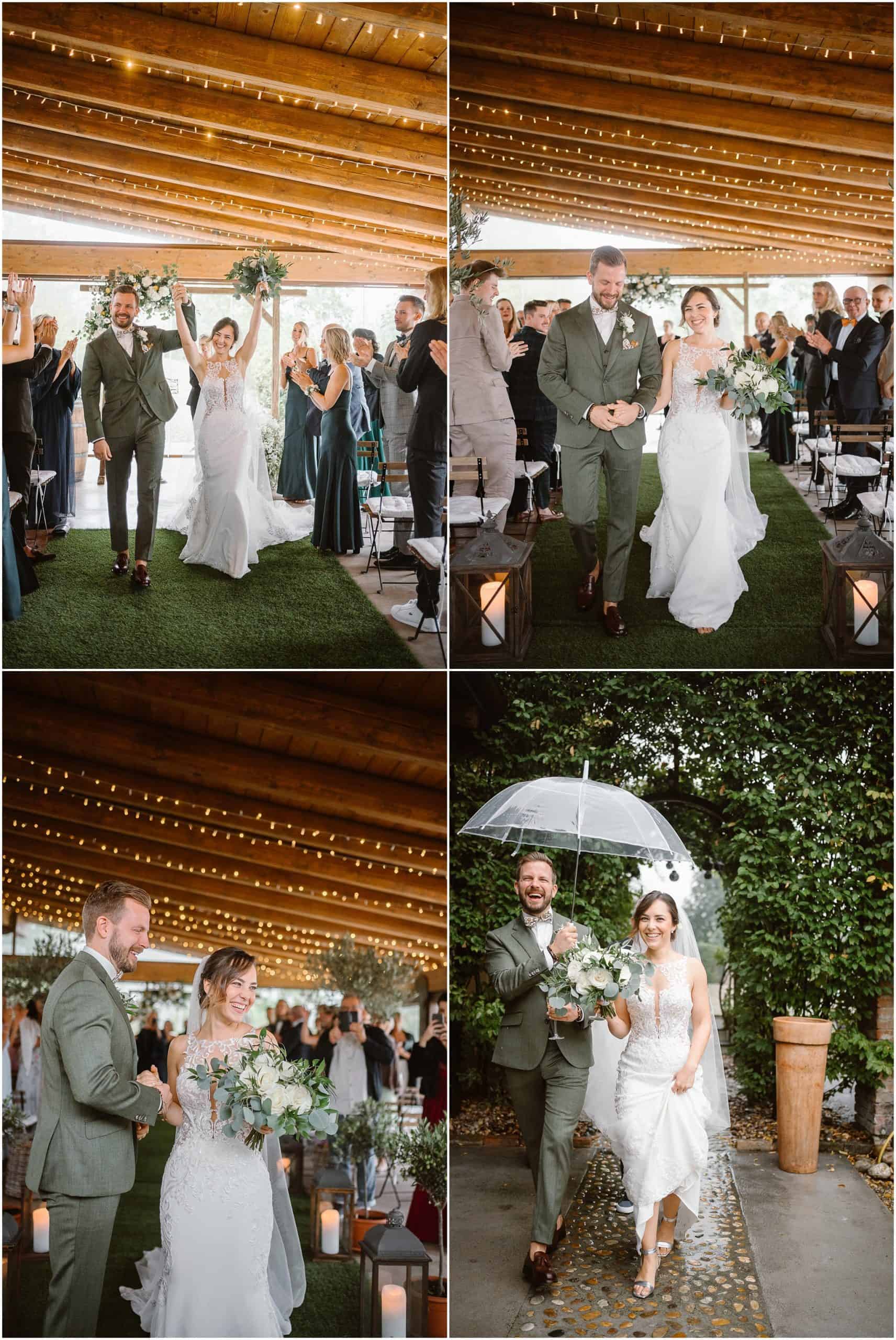 Bride and groom having fun under the rain on their wedding day in the Langhe region of Piedmont, Italy