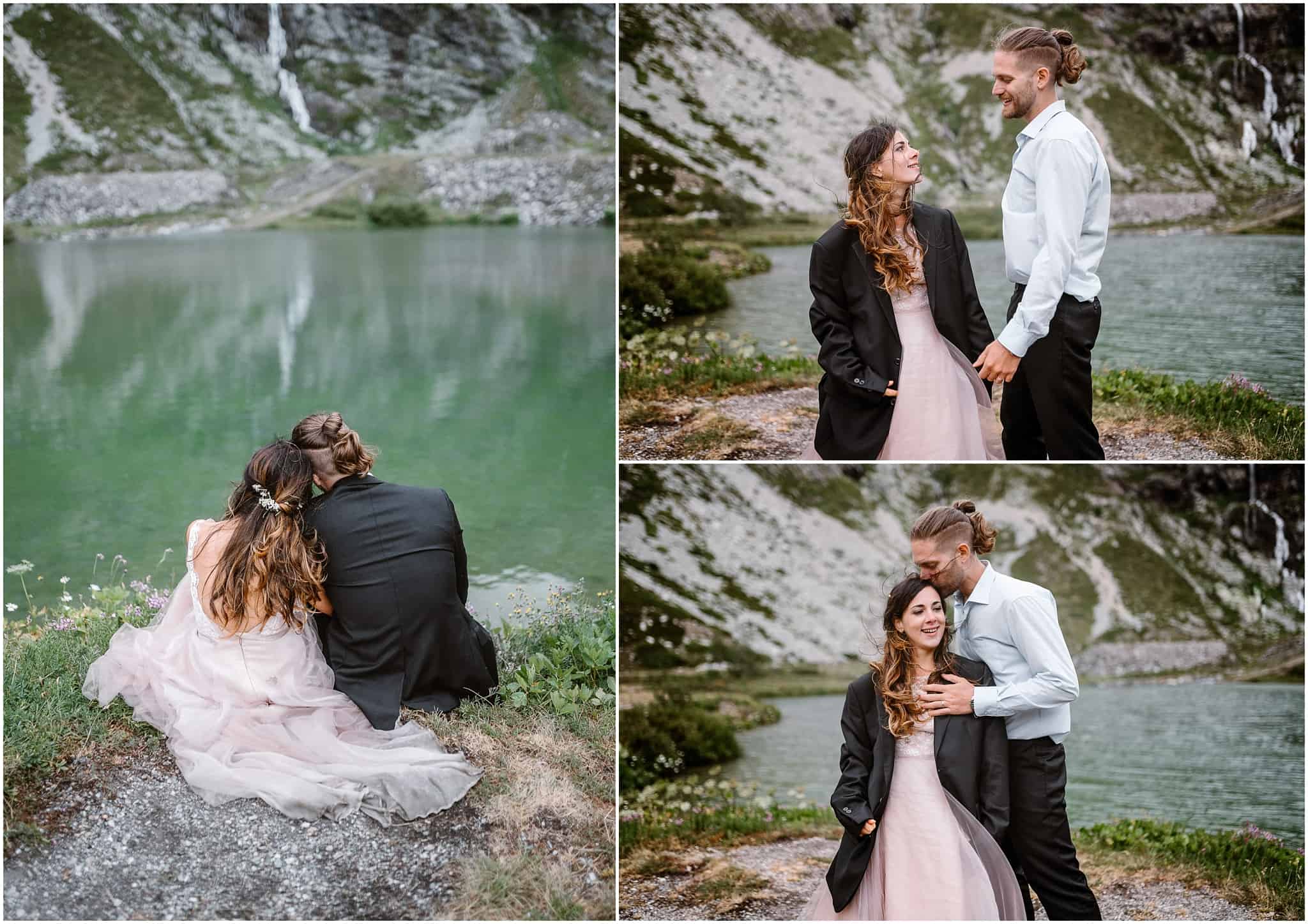 couple having a destination wedding in Italy by an alpine lake in Piedmont