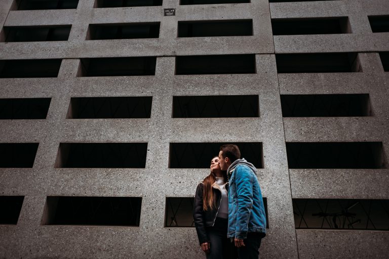 Couple on modern background in Bruges, Belgium